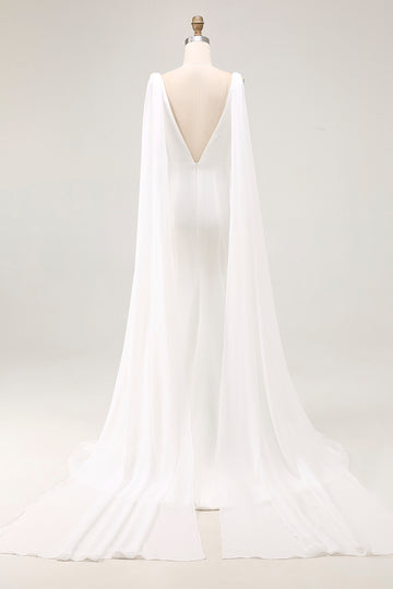 Ivory V Neck Satin Long Wedding Dress with Streamer